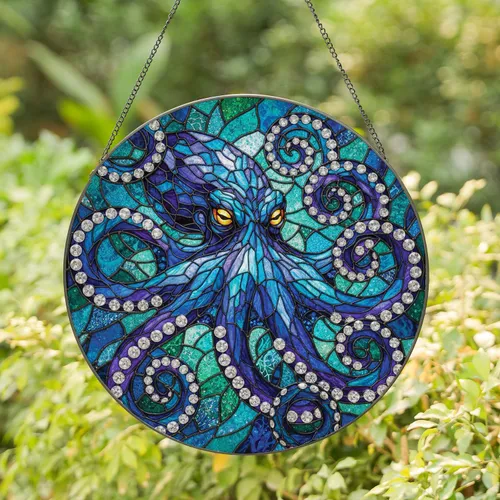 Octopus Glowing Eyes Jewel Cabochons Home Decor Gift for Octopus Lover Stained Glass Suncatcher