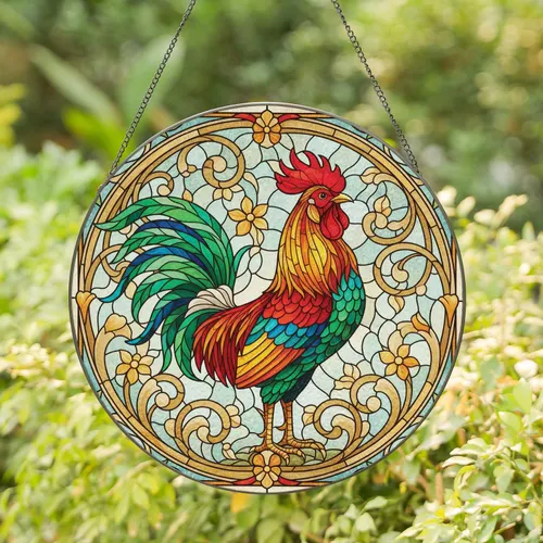 Rooster Art Nouveau Floral Swirl Stained Glass - Farmhouse Home Decor Gift for Farm Lovers Stained Glass Suncatcher