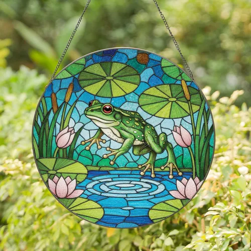Green Frog Pond Leap Water Lily Pink Tulip Bloom - Wildlife Lover Home Decor Gift Stained Glass Suncatcher