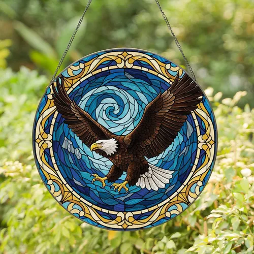 Bald Eagle Powerful Flight Head Turned Left Wings Spread Wildlife Lover Home Decor Gift Stained Glass Suncatcher