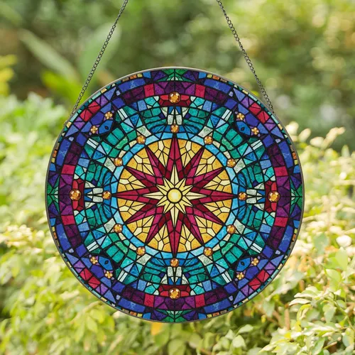 Starburst Compass Rose Mosaic Concentric Rings Jewel - Home Decor Gift for Garden Lover Stained Glass Suncatcher