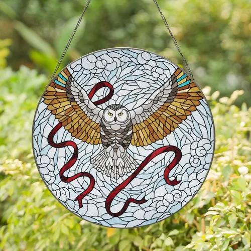 Snowy Owl Outstretched Wings Red Ribbon - Wildlife Lover Home Decor Gift Stained Glass Suncatcher