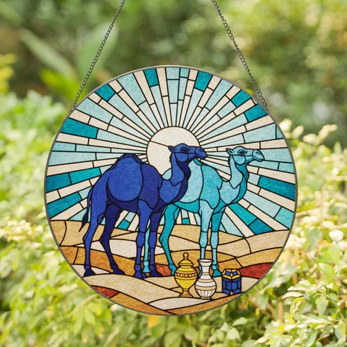 Two Blue Camels Sun Desert Golden Urn - Home Decor Gift Stained Glass Suncatcher