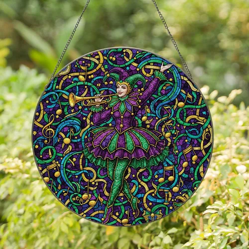 Mardi Gras Jester Trumpeter Woman - Carnival Season Gift Stained Glass Suncatcher