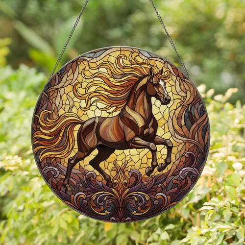 Horse Prancing Flowing Mane Organic Swirls Foliage - Home Decor Gift for Horse Lover Stained Glass Suncatcher