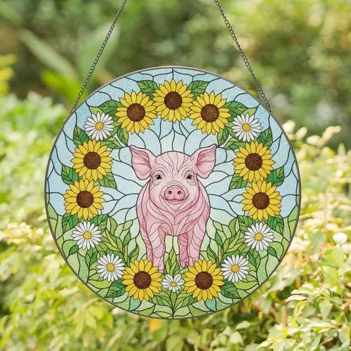 Baby Pig Sunflower Wreath - Farmhouse Home Decor Gift for Pig Lover Stained Glass Suncatcher