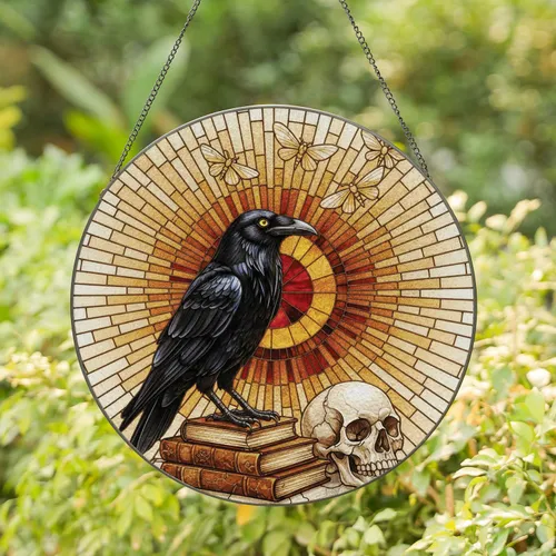 Black Raven Skull Books Moths Mosaic Stained Glass - Window Decor Gift for Raven Lovers Stained Glass Suncatcher