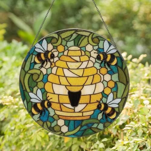 Tiered Beehive Bumblebee Leaves Honeycomb - Home Decor Gift for Wildlife Lover Stained Glass Suncatcher