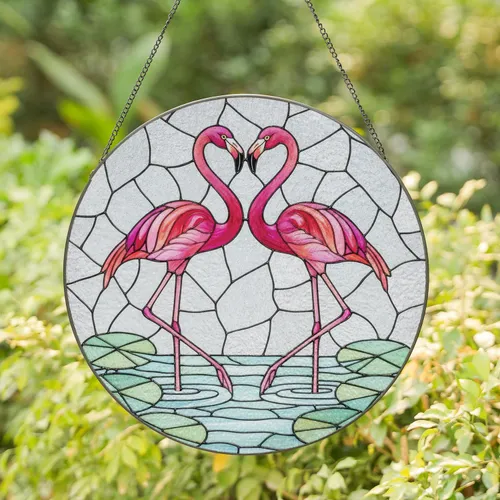 Two Pink Flamingos Heart Lily Pads Water Ripples - Love Unity Home Decor Gift Stained Glass Suncatcher