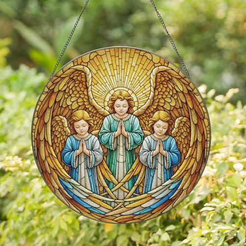 Three Cherubic Praying Angels Feathered Wings Golden Halo Mosaic - Spiritual Home Decor Gift Stained Glass Suncatcher