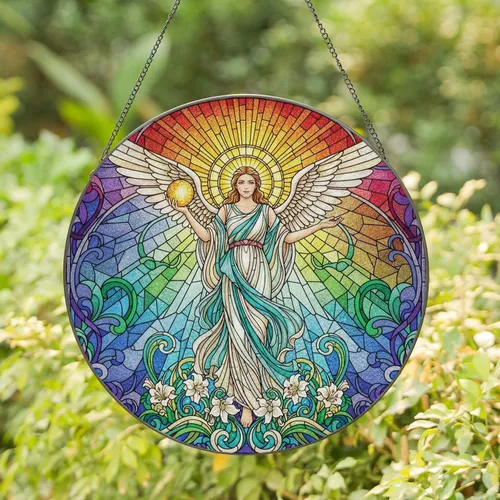 Winged Figure Golden Orb Lily Flowers Sunburst Halo - Home Decor Gift for Art Lovers Stained Glass Suncatcher