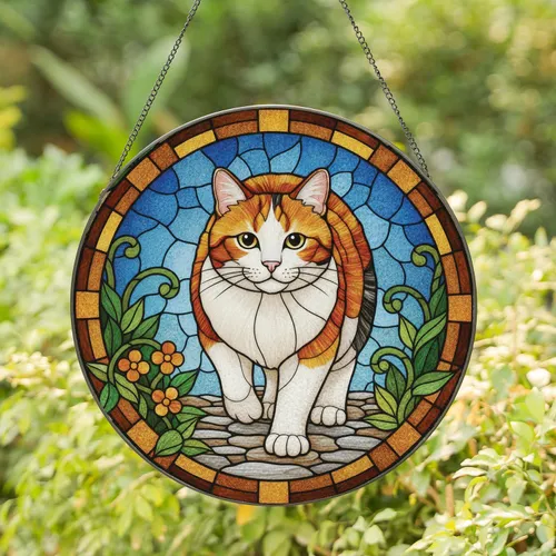 Calico Cat Stepping Forward Rocky Path Green Foliage - Home Decor Gift for Nature Lover Stained Glass Suncatcher