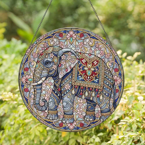 Indian Elephant Gold Filigree Floral - Home Decor Gift for Elephant Lover Stained Glass Suncatcher