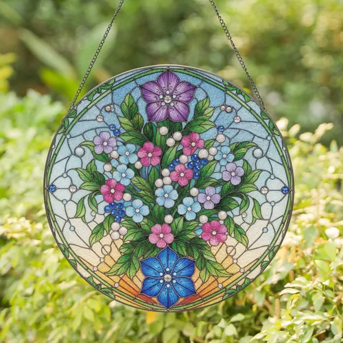 Lush Floral Bouquet Golden Orange Sky Jeweled Mosaic - Home Decor Gift for Plant Lover Stained Glass Suncatcher