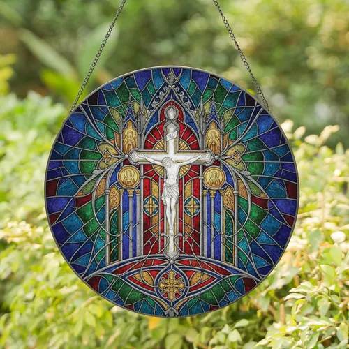 Intricate Crucifixion Cross Religious Figures Gothic Arches - Faith Home Decor Gift Stained Glass Suncatcher