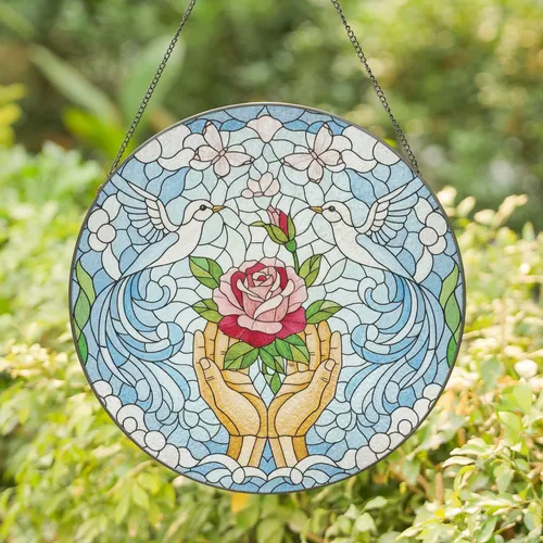 Cupped Hands Cradling Rose Birds Butterflies Sky Clouds - Home Decor Gift for Garden Lover Stained Glass Suncatcher