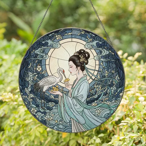 Chinese Robes Elegant Woman Crane Golden Berries Full Moon Home Decor Gift for Bird Lover Stained Glass Suncatcher