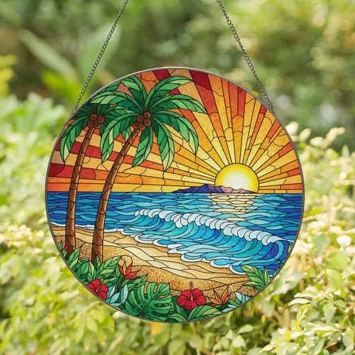 Palm Trees Beach Sunset Island Ocean Waves - Home Decor Gift for Tropical Lover Stained Glass Suncatcher