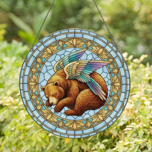 Brown Bear Iridescent Wings Circular Frame - Home Decor Gift for Wildlife Lover Stained Glass Suncatcher