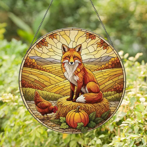 Red Fox Golden Hay Bale Hen Pumpkin Rolling Fields & Autumnal Trees - Farmhouse Decor Gift Stained Glass Suncatcher