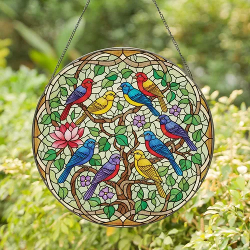 Songbirds Tree Branches Lotus Flowers - Wildlife Lover Home Decor Gift Stained Glass Suncatcher