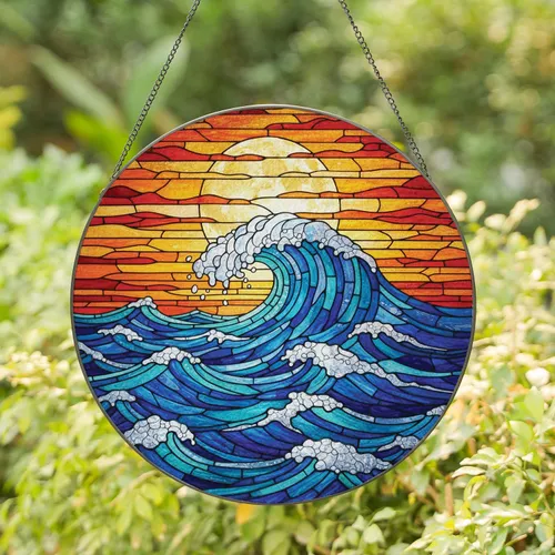 Luminous Full Moon Majestic Ocean Wave Sunset Sky - Home Decor Gift Stained Glass Suncatcher