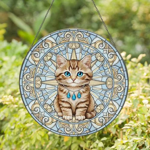Tabby Kitten Azure Gem Chain Scrollwork - Home Decor Gift for Cat Lover Stained Glass Suncatcher