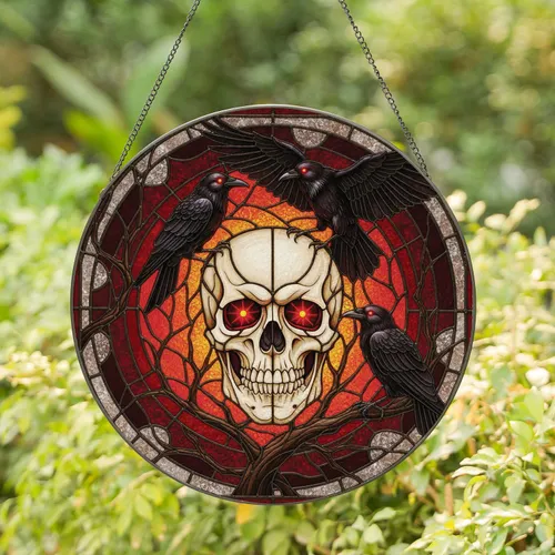 Human Skull Glowing Red Eyes Crows Tree Branches - Luminous Home Decor Gift Stained Glass Suncatcher