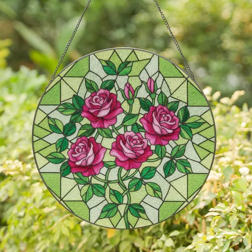 Roses Rosebuds Full Bloom Vines Foliage Geometric Glass - Home Decor Gift for Garden Lover Stained Glass Suncatcher