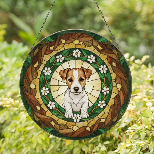 Jack Russell Terrier Puppy White Brown Wreath Flowers - Home Decor Gift for Dog Lover Stained Glass Suncatcher