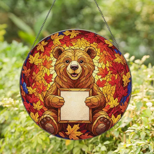 Smiling Brown Bear Autumn Maple Oak Leaves - Autumn Decor Gift for Wildlife Lover Stained Glass Suncatcher