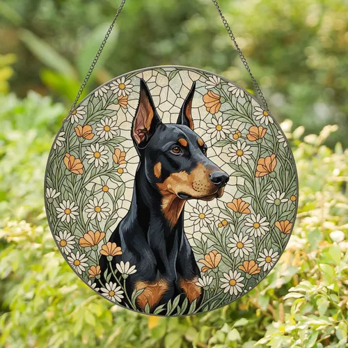 Doberman Pinscher Wildflower Stained Glass - Dog Lover Home Decor Gift Stained Glass Suncatcher