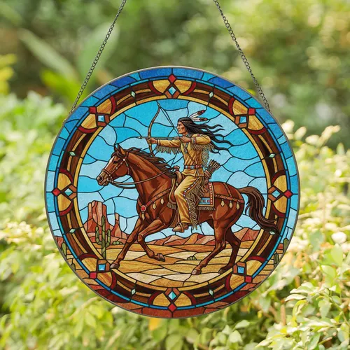 Indigenous Archer Horseback Ride - Home Decor Gift for History Enthusiast Stained Glass Suncatcher
