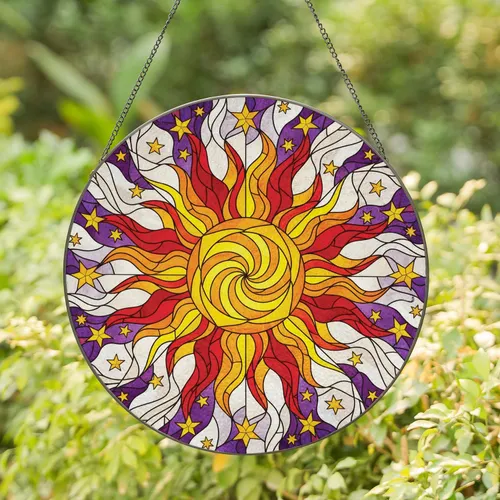 Radiant Swirling Sun Undulating Rays Golden Stars Mosaic - Home Decor Gift Stained Glass Suncatcher