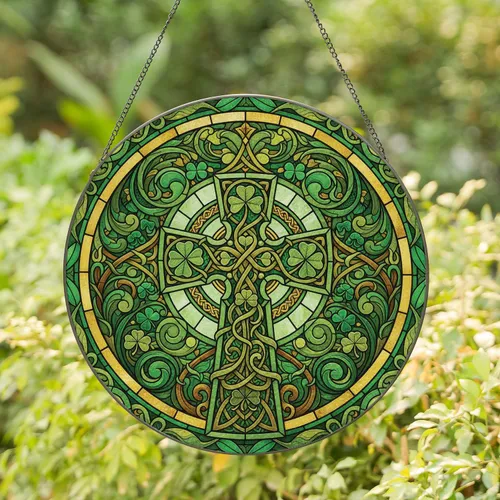 Ornate Celtic Cross Shamrocks Clover Knots - Home Decor Gift for Celtic Culture Stained Glass Suncatcher