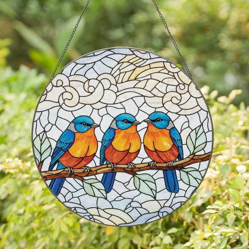 Orange Breasted Songbirds Branch Leaves Sky - Home Decor Gift for Bird Lovers Stained Glass Suncatcher
