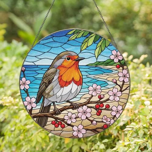 Robin Bird Cherry Blossom Branch Coastal Scene - Home Decor Gift for Bird Lovers Stained Glass Suncatcher