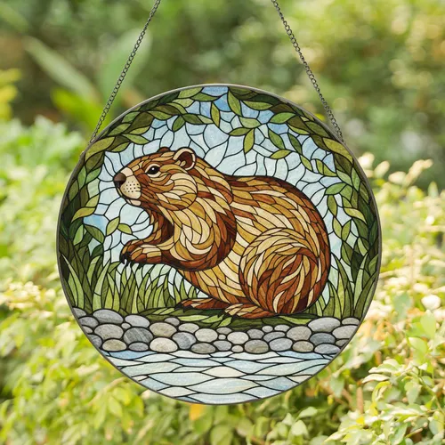 Groundhog River Stone Forest Foliage - Wildlife Lover Home Decor Gift Stained Glass Suncatcher