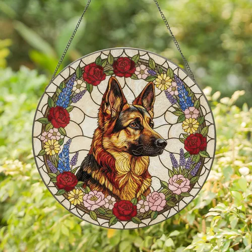 German Shepherd Dog Rich Floral Frame Roses Peonies Lupines - Home Decor Gift For Dog Owners Stained Glass Suncatcher