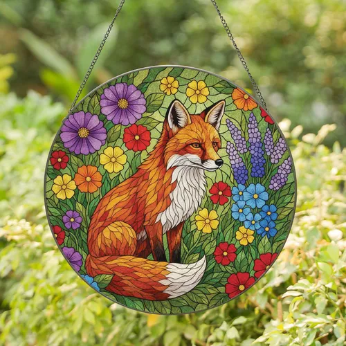 Majestic Red Fox Wildflower Lush Foliage Garden - Home Decor Gift for Wildlife Lovers Stained Glass Suncatcher