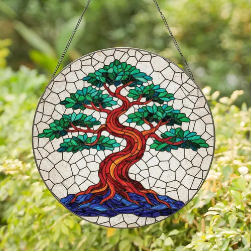 Gnarled Red Orange Bonsai Tree Lush Emerald Green Foliage - Home Decor Gift for Garden Lover Stained Glass Suncatcher