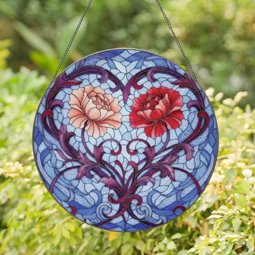 Heart Peach Pink Red Flowers Intertwining Foliage Mosaic - Home Decor Gift for Flower Lover Stained Glass Suncatcher