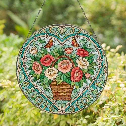 Woven Basket Blooming Flowers Butterflies Decorative Heart - Home Decor Gift for Garden Lover Stained Glass Suncatcher
