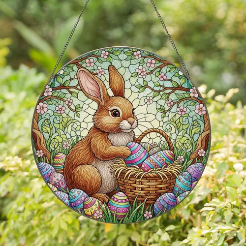 Fluffy Brown Easter Bunny Easter Egg Basket Spring Floral Landscape - Easter Gift Stained Glass Suncatcher