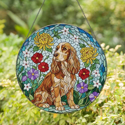 Cocker Spaniel Luminous Stained Glass Floral Mosaic Home Decor Gift for Dog Lover Stained Glass Suncatcher