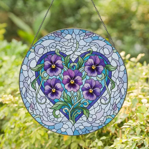 Tiffany Stained Glass Heart Pansy Floral Tendril Mosaic - Home Decor for Garden Lovers Stained Glass Suncatcher