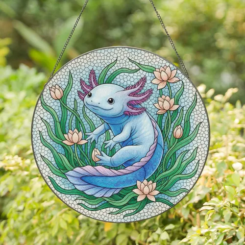 Albino Axolotl Pink Gills Water Lily Aquatic Foliage - Wildlife Lover Home Decor Gift Stained Glass Suncatcher