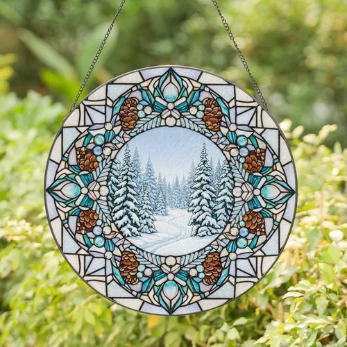 Snowy Evergreen Forest Pinecones Winter Landscape - Home Decor Gift for Nature Lover Stained Glass Suncatcher