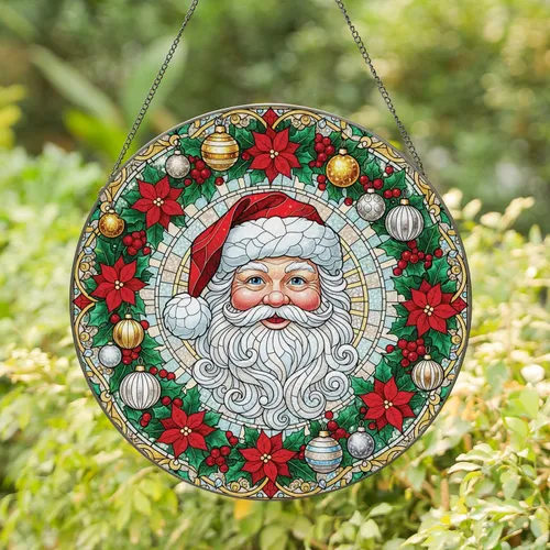 Santa Claus Face Festive Garland Christmas Ornaments - Christmas Home Decor Gift Stained Glass Suncatcher