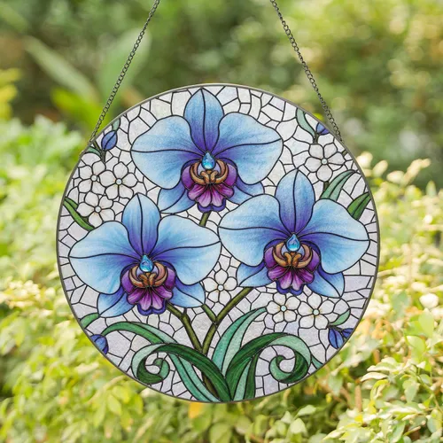 Blue Purple Orchid Blooms Flower Leaf Mosaic - Home Decor Gift for Botanical Lover Stained Glass Suncatcher